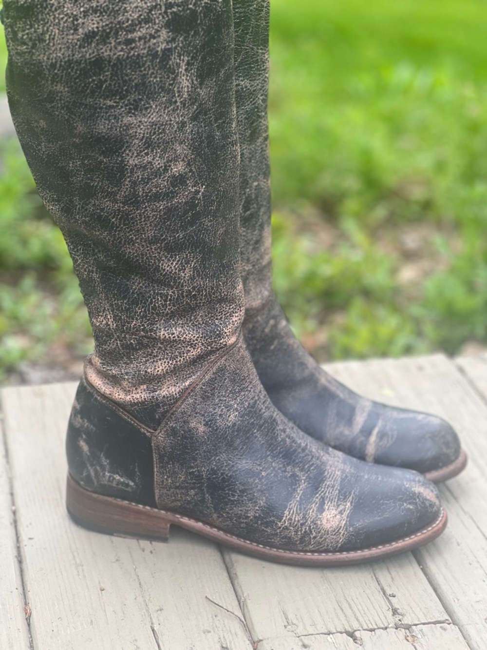 BED|STU Cobbler Manchester Distressed Black and Brown Lace-Up Knee Boots